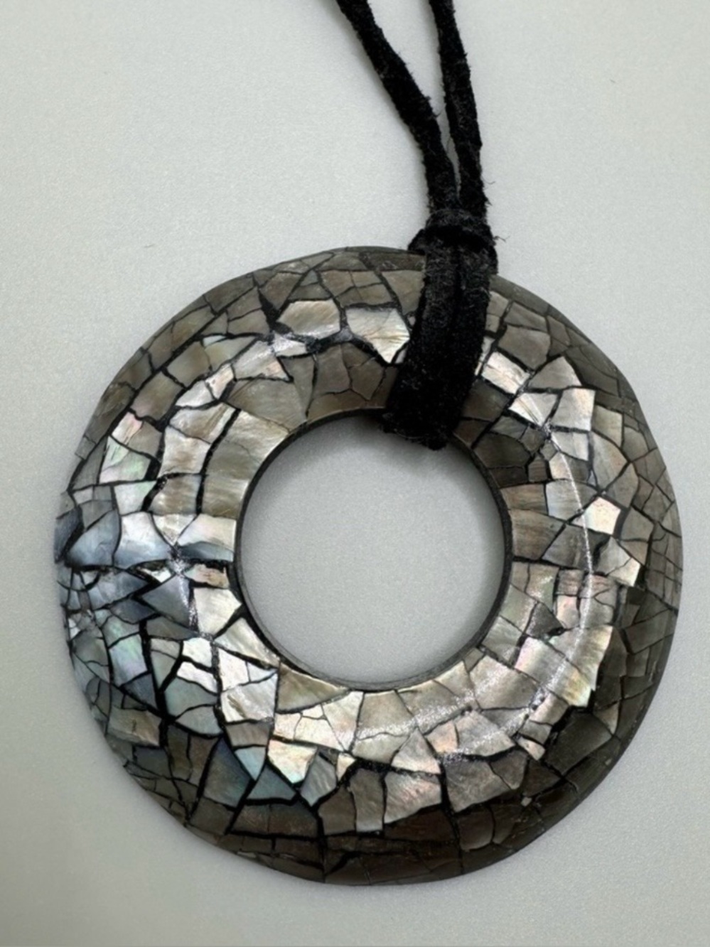 Lia Sophia Mother of Pearl Mosaic Pendant Necklace Boho Statement Black Cord